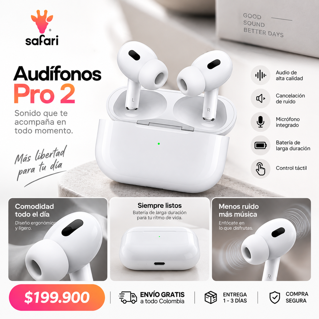 Audífonos Pro 2 inalámbricos con cancelación de ruido, micrófono y estuche de carga | Safari Store Colombia